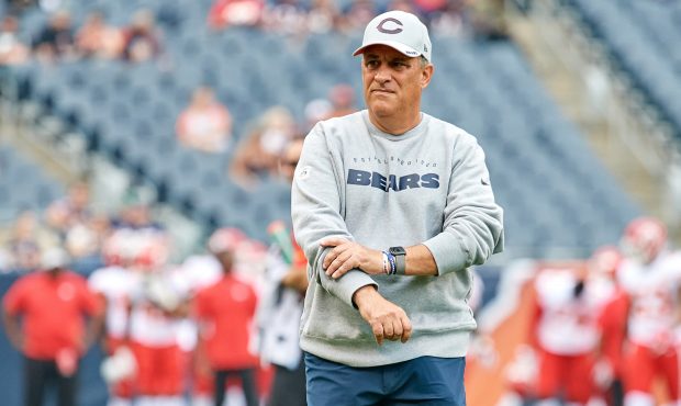 Chicago Bears defensive coordinator Vic Fangio looks on during team warm-ups prior to game action i...