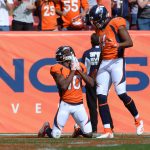 Wide receiver Emmanuel Sanders #10 of the Denver Broncos celebrates a touchdown against the Seattle Seahawks at Broncos Stadium at Mile High on September 9, 2018 in {Denver, Colorado. (Photo by Bart Young/Getty Images)