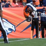 DENVER, CO - SEPTEMBER 9:  Wide receiver Emmanuel Sanders #10 of the Denver Broncos scores a touchdown against the Seattle Seahawks at Broncos Stadium at Mile High on September 9, 2018 in {Denver, Colorado. (Photo by Bart Young/Getty Images)