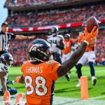 Wide receiver Demaryius Thomas #88 of the Denver Broncos appeals to the referee for a touchdown call after making a catch on the edge of the end zone against the Seattle Seahawks at Broncos Stadium at Mile High on September 9, 2018 in Denver, Colorado. The catch was ruled a touchdown. (Photo by Dustin Bradford/Getty Images)