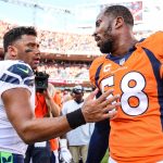Linebacker Von Miller #58 of the Denver Broncos and quarterback Russell Wilson #3 of the Seattle Seahawks have a word on the field after the Broncos' 27-24 win over the Seattle Seahawks at Broncos Stadium at Mile High on September 9, 2018 in Denver, Colorado. (Photo by Dustin Bradford/Getty Images)