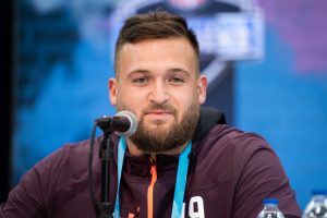 Kansas State tackle Dalton Risner answers questions from the media during the NFL Scouting Combine on February 28, 2019 at the Indiana Convention Center in Indianapolis, IN. (Photo by Zach Bolinger/Icon Sportswire via Getty Images)