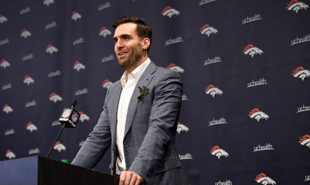 The Denver Broncos introduced their new quarterback Joe Flacco during a press conferences at the UC...