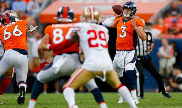 Quarterback Drew Lock #3 of the Denver Broncos throws a pass during the second quarter of a preseas...
