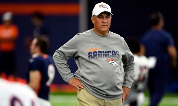 Denver Broncos head coach Vic Fangio watching drills during training camp at UCHealth Training Cent...
