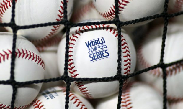 Detail view of baseballs during World Series Media Day ahead of the 2020 World Series between the L...