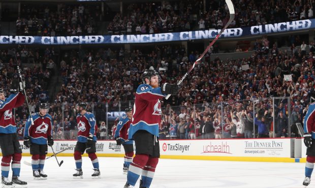 Gabriel Landeskog #92 of the Colorado Avalanche salutes the crowd after his team clinched a wild ca...