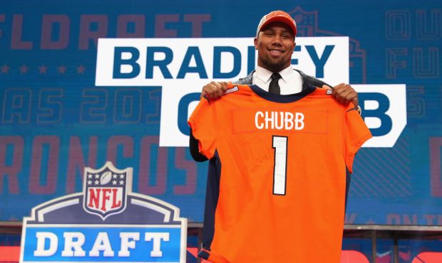 Bradley Chubb of NC State poses after being picked #5 overall by the Denver Broncos during the firs...