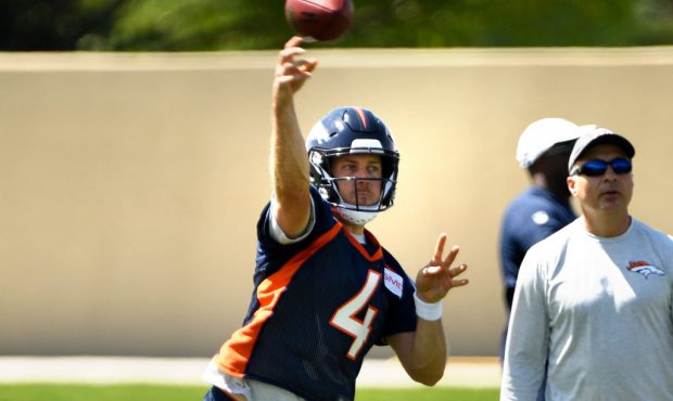 Denver Broncos quarterback Case Keenum (4) on the first day of Broncos OTA's at the UCHealth Traini...