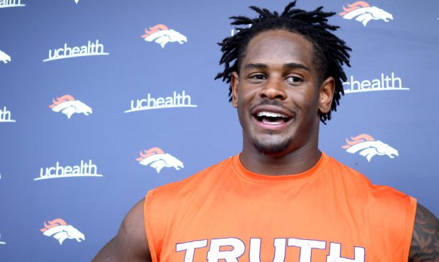 Denver Broncos linebacker Todd Davis speaks to the media during training camp at the UCHealth Train...
