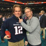 "Schlereth and Evans" co-host Mike Evans poses for a photo with "Fake Tom Brady" during Super Bowl LI Opening Night at Minute Maid Park. Photo by Scott DeHuff-Sports Radio 104.3 The Fan