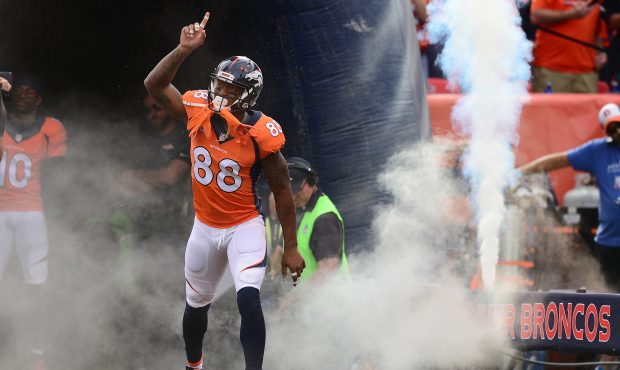 DENVER, CO - OCTOBER 30:  Wide receiver Demaryius Thomas #88 of the Denver Broncos points up while ...