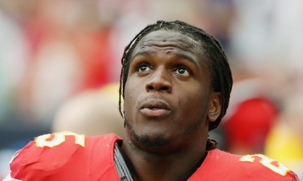 Jamaal Charles #25 of the Kansas City Chiefs waits in the bench area during the game against the Ho...
