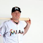 Justin Bour of the Miami Marlins poses for photos on media day at Roger Dean Stadium on February 24, 2016 in Jupiter, Florida.  (Photo by Marc Serota/Getty Images)