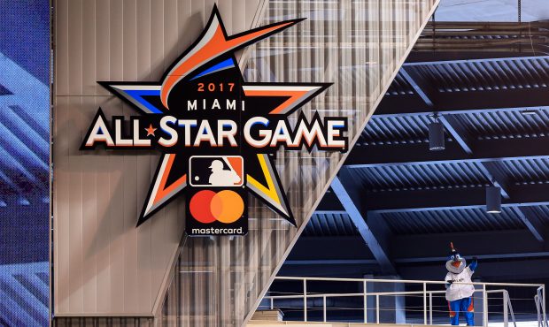 A detailed view of the 2017 All-Star Game logo that was unveiled in Marlins Park by Miami Marlins m...