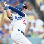 Cody Bellinger #35 of the Los Angeles Dodgers hits a game tying solo home run in the eighth inning against the Kansas City Royals at Dodger Stadium on July 8, 2017 in Los Angeles, California.  The Dodgers won 5-4 in ten innings.  (Photo by Stephen Dunn/Getty Images)
