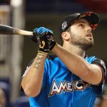 Moustakas #8 of the Kansas City Royals competes in the T-Mobile Home Run Derby at Marlins Park on July 10, 2017 in Miami, Florida.  (Photo by Mike Ehrmann/Getty Images)