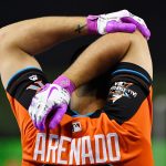 MIAMI, FL - JULY 11:  A detail of the gloves of Nolan Arenado #28 of the Colorado Rockies and the National League as he stretches during batting practice for the 88th MLB All-Star Game at Marlins Park on July 11, 2017 in Miami, Florida.  (Photo by Mark Brown/Getty Images)
