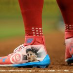MIAMI, FL - JULY 11:  A detail of the shoes of Bryce Harper #34 of the Washington Nationals and the National League during the 88th MLB All-Star Game at Marlins Park on July 11, 2017 in Miami, Florida.  (Photo by Mike Ehrmann/Getty Images)