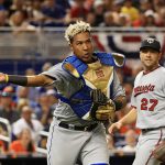 MIAMI, FL - JULY 11:  Salvador Perez #13 of the Kansas City Royals and the American League throws to first base in the fifth inning against the National League during the 88th MLB All-Star Game at Marlins Park on July 11, 2017 in Miami, Florida.  (Photo by Mike Ehrmann/Getty Images)