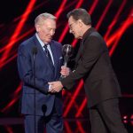 Sportscaster Vin Scully (L) accepts the Icon Award from actor Bryan Cranston onstage at The 2017 ESPYS at Microsoft Theater on July 12, 2017 in Los Angeles, California.  (Photo by Kevin Winter/Getty Images)