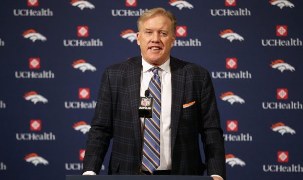 ENGLEWOOD, CO - JANUARY 12:  Denver Broncos General Manager John Elway fields questions from the me...