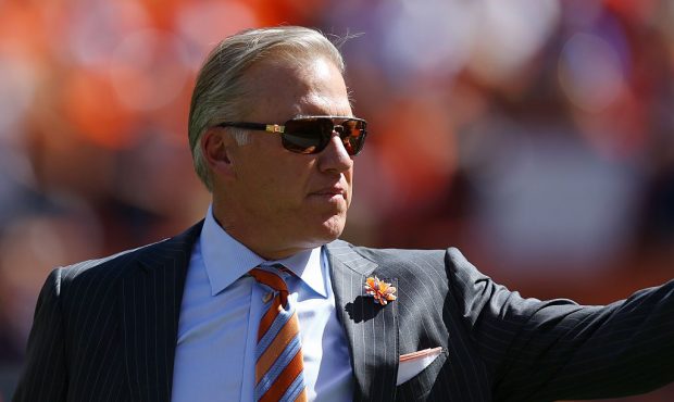 Executive vice president and general manager John Elway of the Denver Broncos is recognized during ...