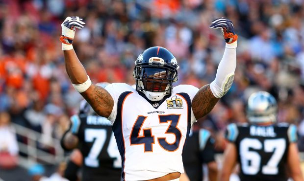 SANTA CLARA, CA - FEBRUARY 07:   T.J. Ward #43 of the Denver Broncos reacts after a play against th...