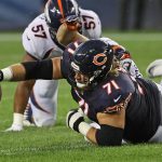 CHICAGO, IL - AUGUST 10:   Josh Sitton #71 of the Chicago Bears reaches in vain for a fumbled football against the Denver Broncos during a preseason game at Soldier Field on August 10, 2017 in Chicago, Illinois. (Photo by Jonathan Daniel/Getty Images)