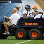 CHICAGO, IL - AUGUST 10:  Billy Winn #97 of the Denver Broncos is carted off the field after suffering an injury against the Chicago Bears during a preseason game at Soldier Field on August 10, 2017 in Chicago, Illinois. (Photo by Jonathan Daniel/Getty Images)