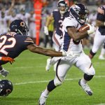 CHICAGO, IL - AUGUST 10:  De'Angelo Henderson #33 of the Denver Broncos runs past Deiondre' Hall #32 of the Chicago Bears
for the game winning touchdown during a preseason game at Soldier Field on August 10, 2017 in Chicago, Illinois. The Broncos defeated the Bears 24-17.  (Photo by Jonathan Daniel/Getty Images)