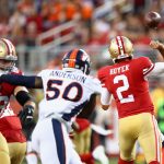 SANTA CLARA, CA - AUGUST 19:  Brian Hoyer #2 of the San Francisco 49ers fumbles the ball against the Denver Broncos at Levi's Stadium on August 19, 2017 in Santa Clara, California.  (Photo by Ezra Shaw/Getty Images)