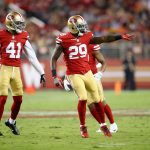 SANTA CLARA, CA - AUGUST 19:  Jaquiski Tartt #29 celebrates with Ahkello Witherspoon #41 of the San Francisco 49ers after Tartt sacked Paxton Lynch #12 of the Denver Broncos at Levi's Stadium on August 19, 2017 in Santa Clara, California.  (Photo by Ezra Shaw/Getty Images)