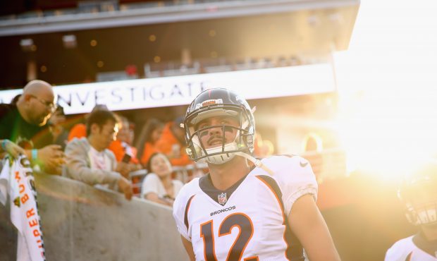 SANTA CLARA, CA - AUGUST 19: Paxton Lynch #12 of the Denver Broncos runs on to the field to warm up...