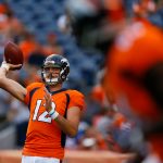 DENVER, CO - AUGUST 26:  Quarterback Paxton Lynch #12 of the Denver Broncos warms up before a Preseason game against the Green Bay Packers at Sports Authority Field at Mile High on August 26, 2017 in Denver, Colorado. (Photo by Justin Edmonds/Getty Images)