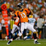 DENVER, CO - AUGUST 26:  Quarterback Trevor Siemian #13 of the Denver Broncos throws a pass in the first quarter during a Preseason game against the Green Bay Packers at Sports Authority Field at Mile High on August 26, 2017 in Denver, Colorado. (Photo by Justin Edmonds/Getty Images)