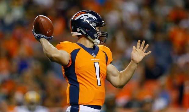 DENVER, CO - AUGUST 26: Quarterback Kyle Sloter #1 of the Denver Broncos throws a pass in the fourt...