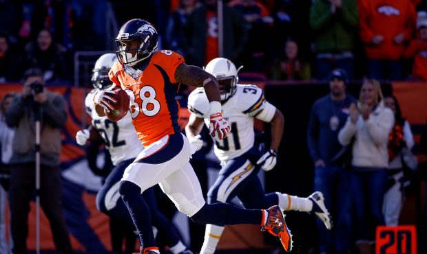 DENVER, CO - JANUARY 3:  Wide receiver Demaryius Thomas #88 of the Denver Broncos runs clear of the...