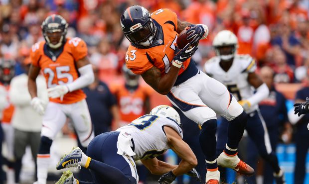 DENVER, CO - OCTOBER 30:  Strong safety T.J. Ward #43 of the Denver Broncos intercepts the ball in ...