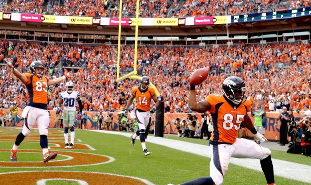 DENVER, CO - SEPTEMBER 17:  Virgil Green #85 of the Denver Broncos celebrates after scoring a touch...