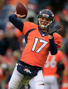 DENVER, CO - NOVEMBER 23: Quarterback Brock Osweiler #17 of the Denver Broncos warms up prior to facing the Miami Dolphins at Sports Authority Field at Mile High on November 23, 2014 in Denver, Colorado. The Broncos defeated the Dolphins 39-36. (Photo by Doug Pensinger/Getty Images)
