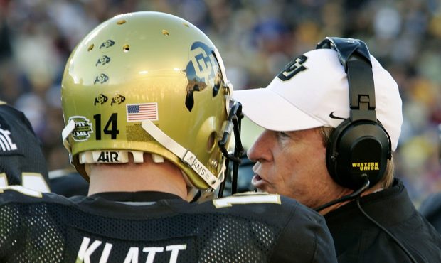 BOULDER, CO - NOVEMBER 5:  Head coach Gary Barnett gives quarterback Joel Klatt #14 of the Colorado...