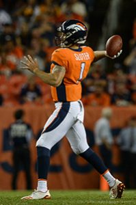 DENVER, CO - AUGUST 31: Quarterback Kyle Sloter #1 of the Denver Broncos passes against the Arizona Cardinals during a preseason NFL game at Sports Authority Field at Mile High on August 31, 2017 in Denver, Colorado. (Photo by Dustin Bradford/Getty Images)