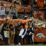 DENVER, CO - AUGUST 31: Defensive back Dymonte Thomas #35 of the Denver Broncos celebrates in the end zone after intercepting a pass for a pick six touchdown in the second quarter  during a preseason NFL game at Sports Authority Field at Mile High on August 31, 2017 in Denver, Colorado. (Photo by Dustin Bradford/Getty Images)