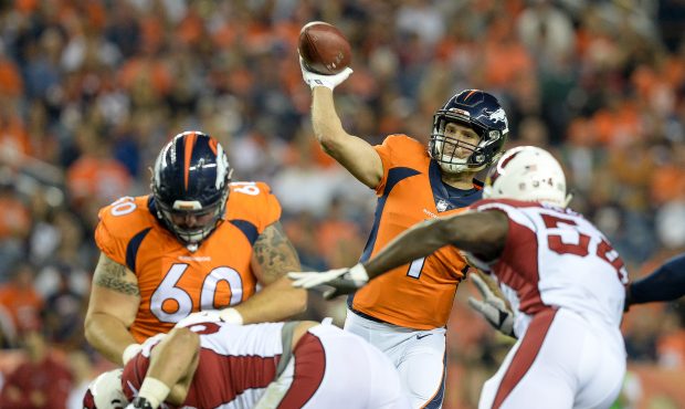 DENVER, CO - AUGUST 31: Quarterback Kyle Sloter #1 of the Denver Broncos passes against the Arizona...