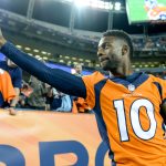 DENVER, CO - AUGUST 31: Wide receiver Emmanuel Sanders #10 of the Denver Broncos waves to fans  during a preseason NFL game against the Arizona Cardinals at Sports Authority Field at Mile High on August 31, 2017 in Denver, Colorado. (Photo by Dustin Bradford/Getty Images)