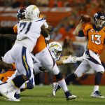 DENVER, CO - SEPTEMBER 11:  Quarterback Trevor Siemian #13 of the Denver Broncos throws in the first quarter of the game against the Los Angeles Chargers at Sports Authority Field at Mile High on September 11, 2017 in Denver, Colorado. (Photo by Justin Edmonds/Getty Images)