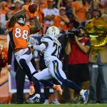 DENVER, CO - SEPTEMBER 11:  Wide receiver Demaryius Thomas #88 of the Denver Broncos catches a deep pass over cornerback Casey Hayward #26 of the Los Angeles Chargers in the third quarter at Sports Authority Field at Mile High on September 11, 2017 in Denver, Colorado. (Photo by Dustin Bradford/Getty Images)