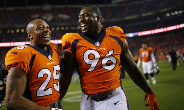 DENVER, CO - SEPTEMBER 11:  Defensive end Shelby Harris #96 of the Denver Broncos celebrates winnin...