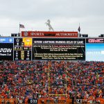 DENVER, CO - SEPTEMBER 17:  A severe lightning warning is shown on the jumbotron during the second quarter of a game between the Denver Broncos and the Dallas Cowboys at Sports Authority Field at Mile High on September 17, 2017 in Denver, Colorado. (Photo by Justin Edmonds/Getty Images)